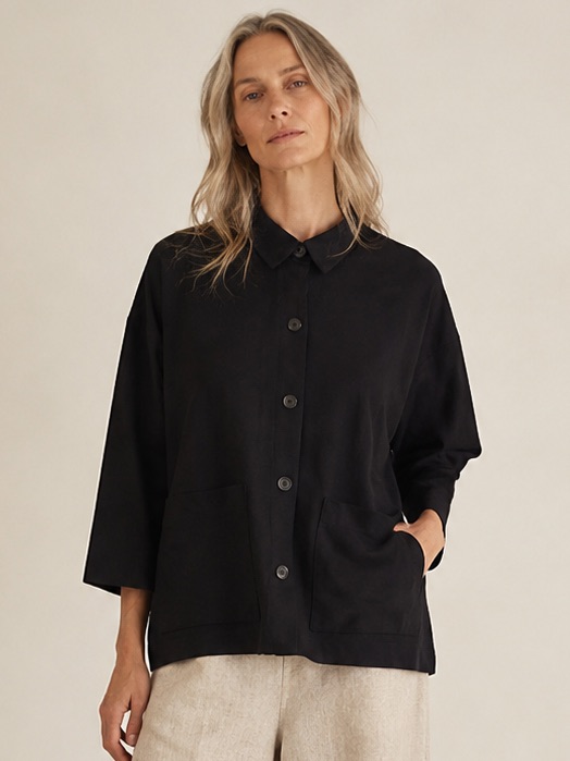Eileen Fisher Wool Fleece Boxy Jacket Black Large Button Front Minimalist Coat